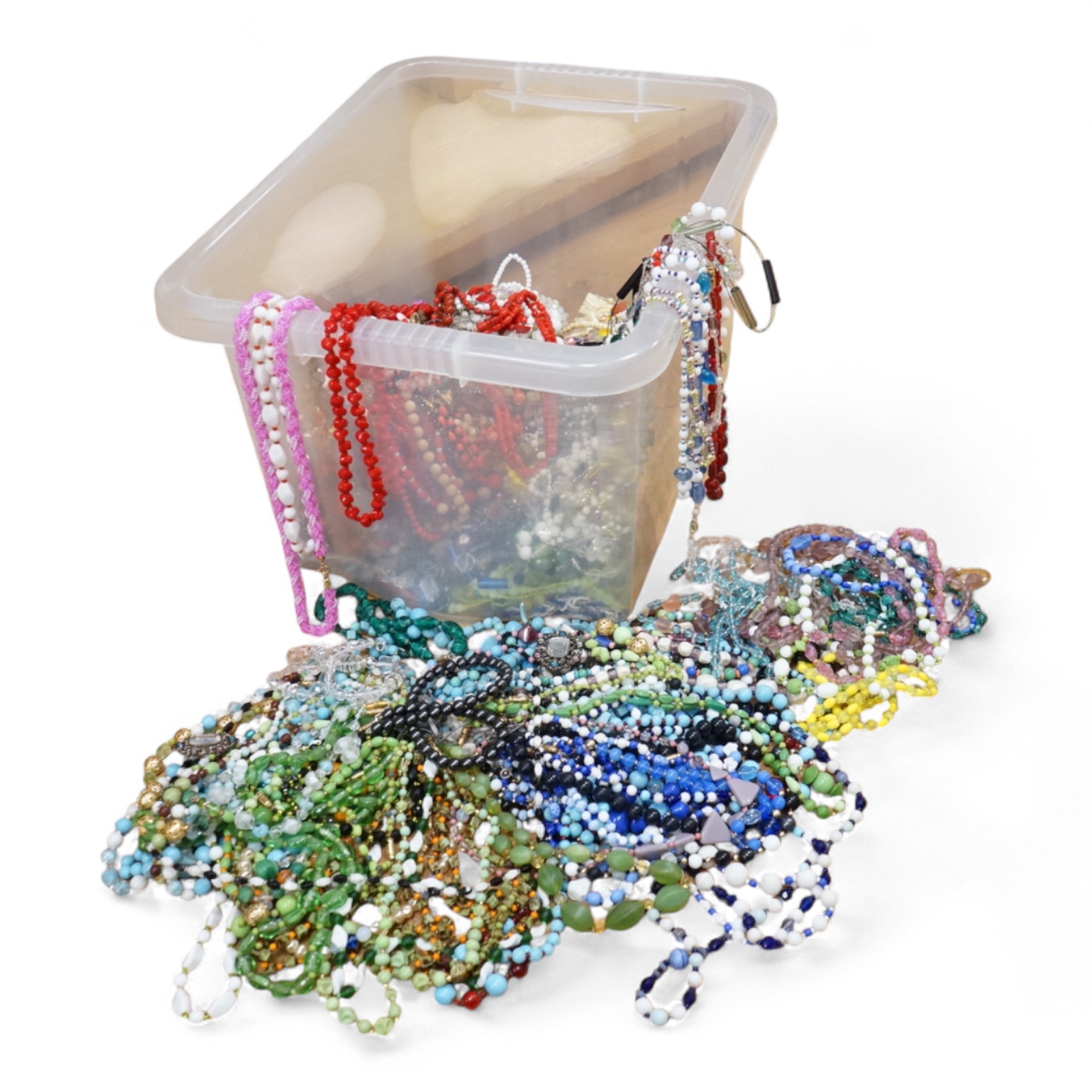 A large collection of glass bead necklaces